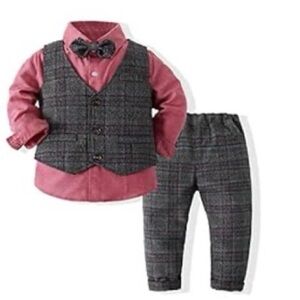 Pink Shirt and Gray Plaid Vest Set